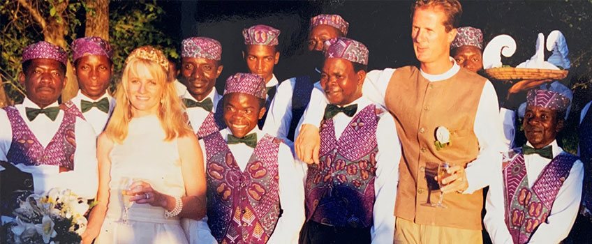 The Classic Safari Company founder, Julie McIntosh, with her husband William Ruck Keene at their wedding in Africa