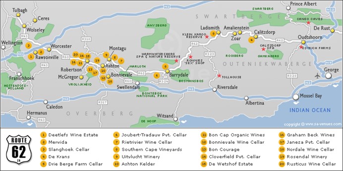 The route of a family road trip along South Africa's southern coast