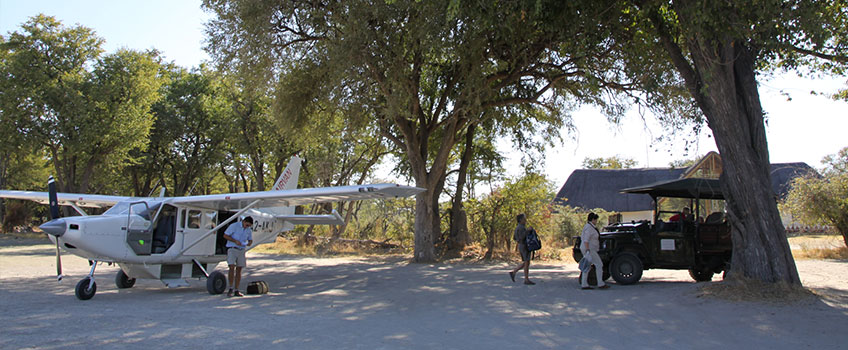 Safari camp staff meet guests from a light aircraft on an African safari