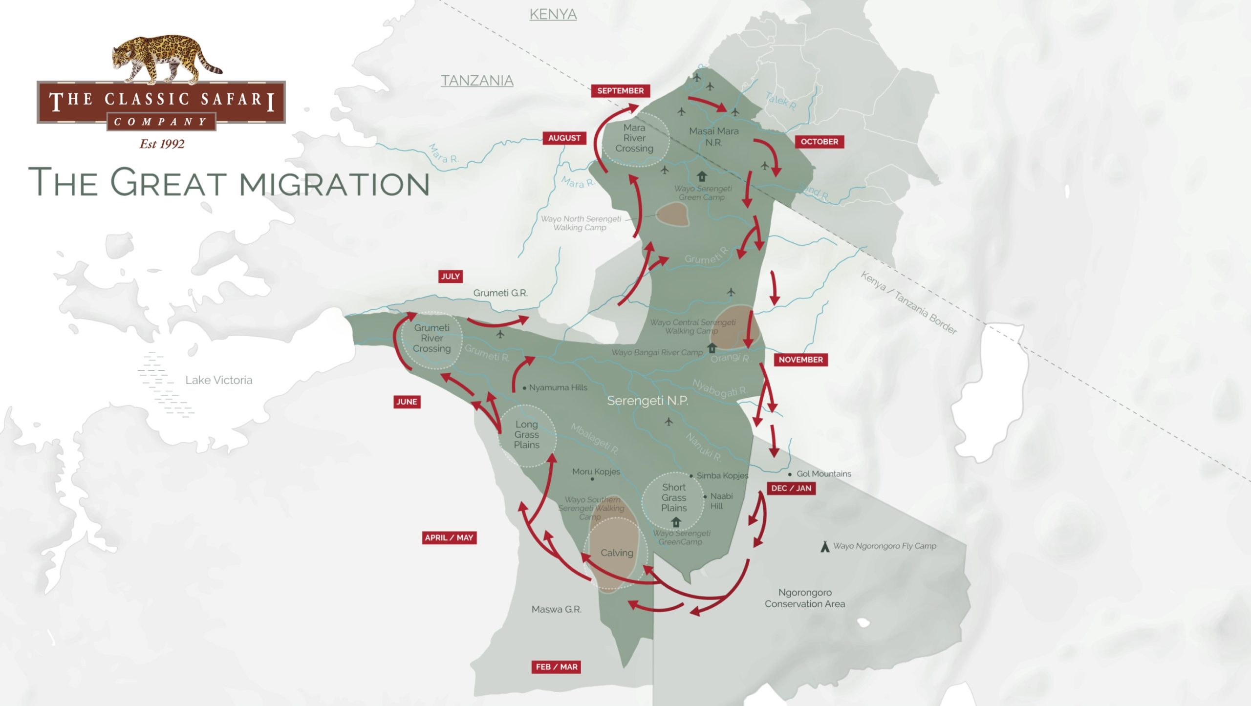 A map showing the route of the Great Migration through Tanzania and Kenya