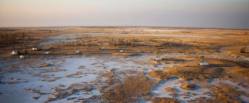 A luxury African safari at San Camp on the Makgadikgadi Salt Pans, Botswana.
