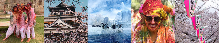 Women celebrating Holi in India, with images of Japan and the Antarctic