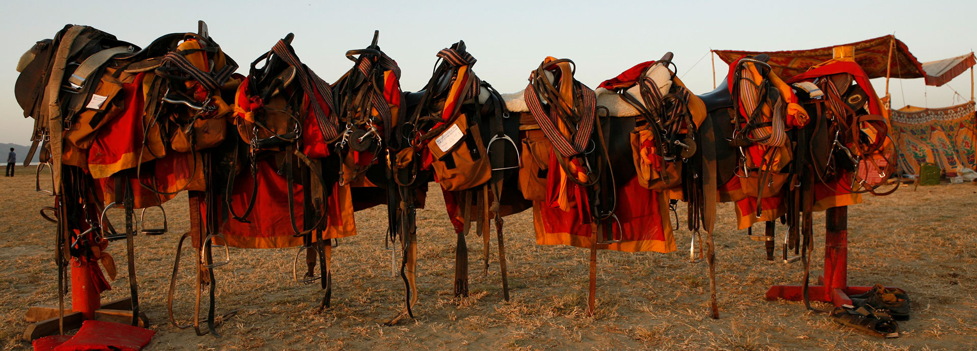 A row of colourful saddles in Patagonia