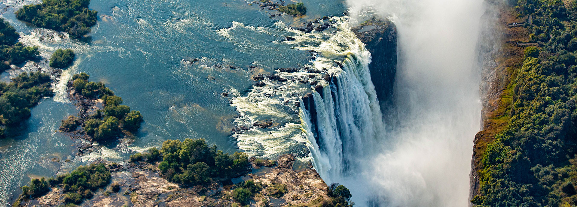An aerial view of Mosi-oa-Tunya (Victoria Falls)