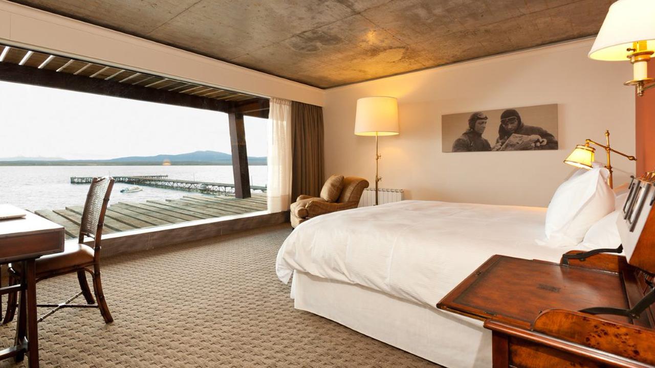 Luxury hotel room overlooking a lake in southern Chile