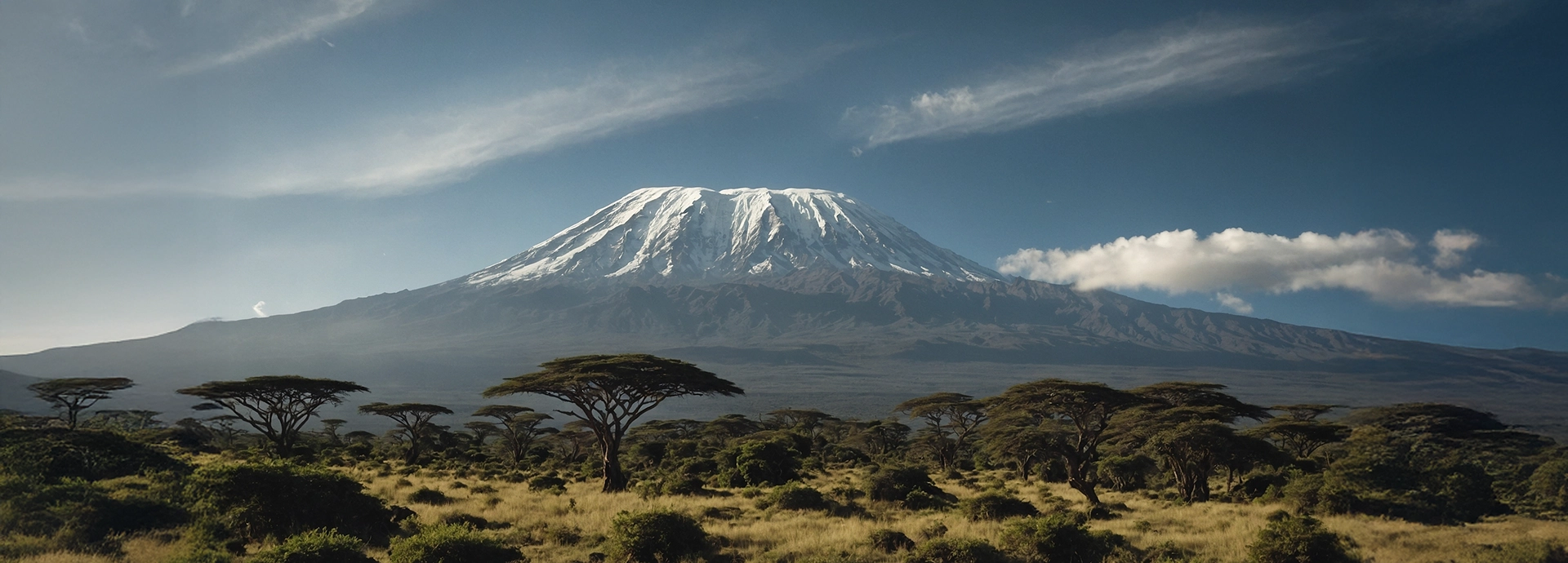 Snow-capped Mount Kilimanjaro rising above the acacia-dotted plains of Tanzania beneath a clear blue sky.