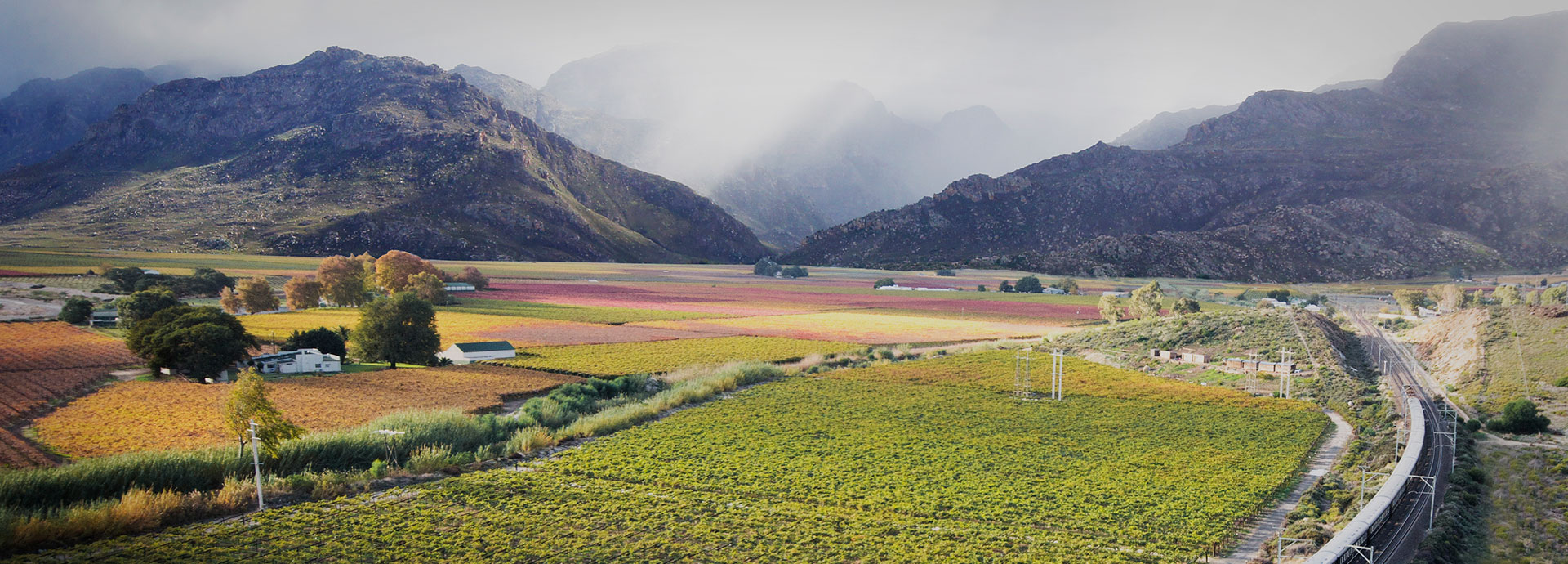 Rovos rail train passing through surreal mountain landscapes and vineyards in Hex River Valley