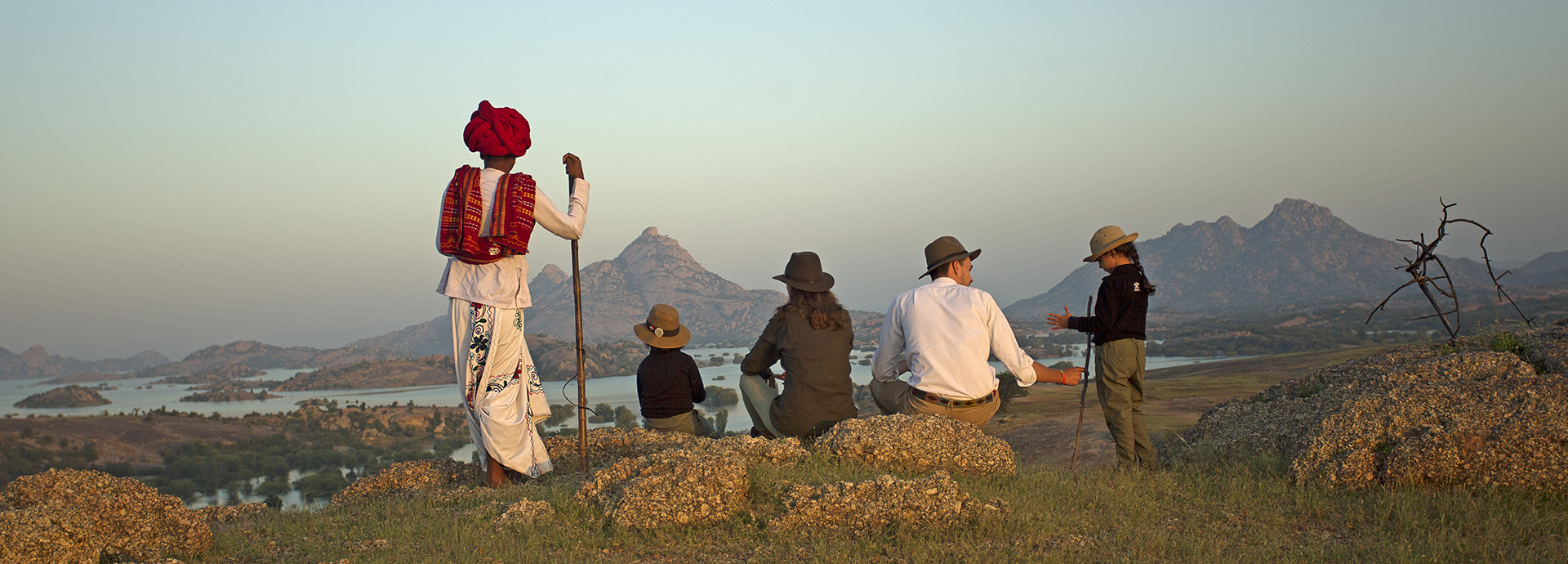 A young family and guide on a luxury tour of Rajasthan