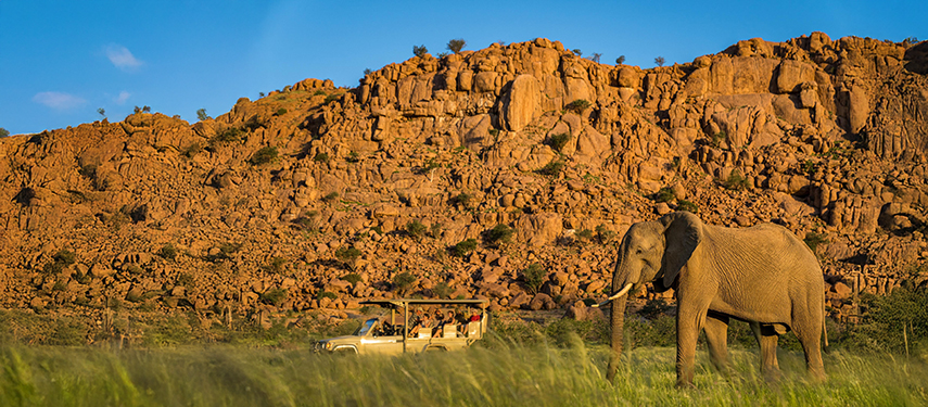 A game vehicle with tourists watches an elephant with a rocky hill in the background