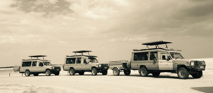 Four-wheel drive safari vehicles on the Skeleton Coast of Namibia