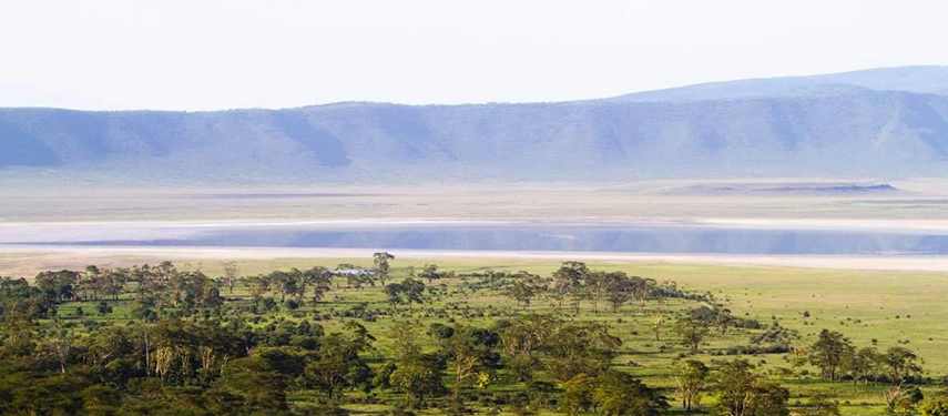 Sweeping panoramic view of the Ngorongoro Crater in Tanzania, showcasing the lush green floor and crater walls beyond.