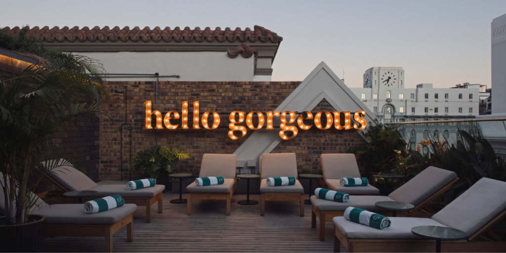 Rooftop lounge area at sundown at Gorgeous George Hotel, Cape Town