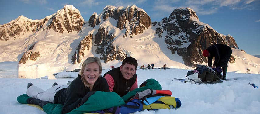 Tourists Camping overnight on the pack ice in Antarctica