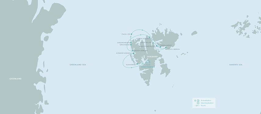 Map of the route for a Svalbard Expedition Cruise