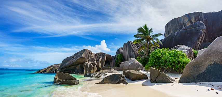 White sand beach with turquoise sea, palm trees and sculpted granite boulders.