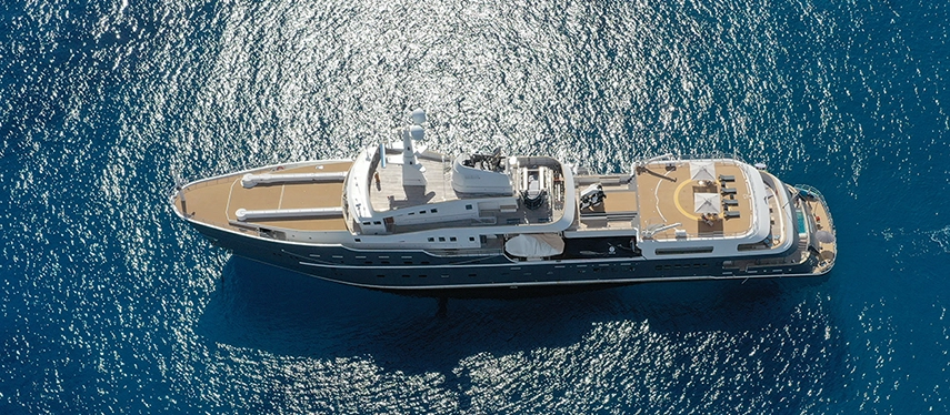 Aerial view of Aqua Lares revealing its elegant deck layout and helipad.