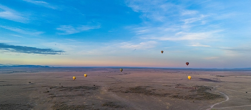 Hot air balloons rising over the vast Masai Mara plains at sunrise, offering a unique aerial safari experience from Basecamp Explorer.
