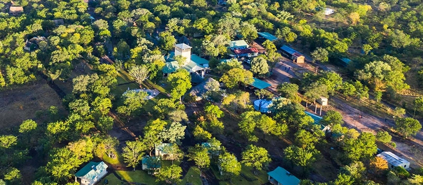 Aerial view of a safari lodge complex surrounded by lush vegetation in the heart of the Grand Zambezi Safari region.