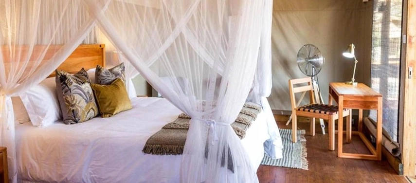 Interior of tented suite at Mankwe Tented Retreat with mosquito netting
