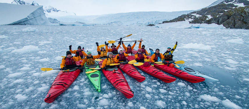 Get up and close to glaciers on kayaks on the Australis 21 Fly Cruise