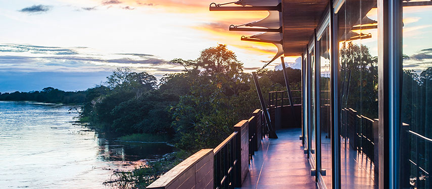 Sunset views on deck aboard the Aqua Nera luxury Amazon River cruise