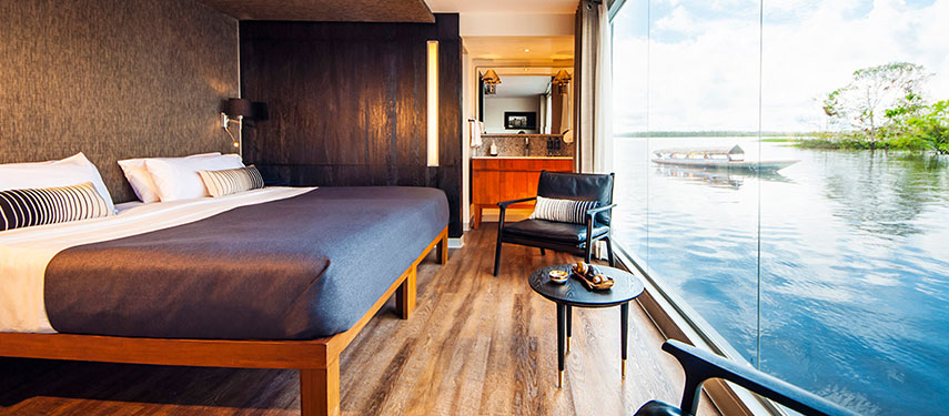 Luxurious cabin aboard an Amazon River cruise with stunning views