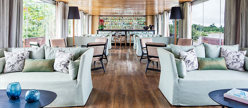The lounge area aboard the Aqua Nera luxury Amazon River cruise