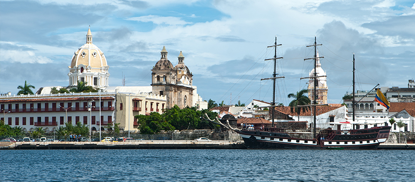 Cartagena seafront with tall ship in port