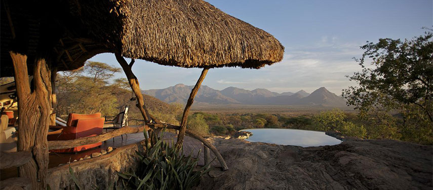 Sarara Camp lounge area with its thatched roof and spectacular views of the Namunyak Conservation Area