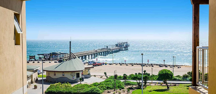 View of Swakopmund Jetty and the Atlantic Ocean from hotel balcony