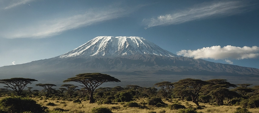 Golden sunlight striking the glacier-streaked peak of Kilimanjaro as cloud drifts across the summit at dusk.